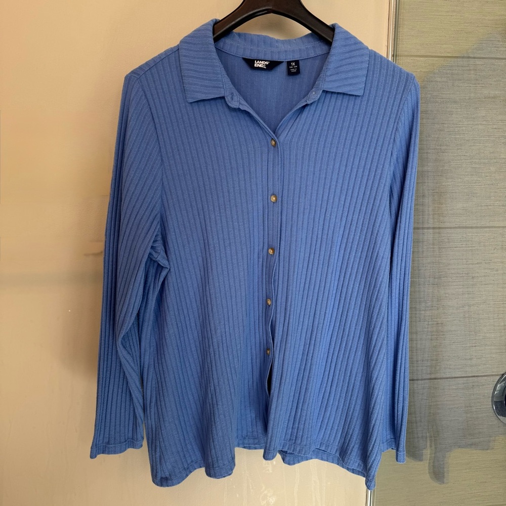 Women’s Lands’ End Ribbed Button Front Top – Soft Blue – Size 1X – Barely